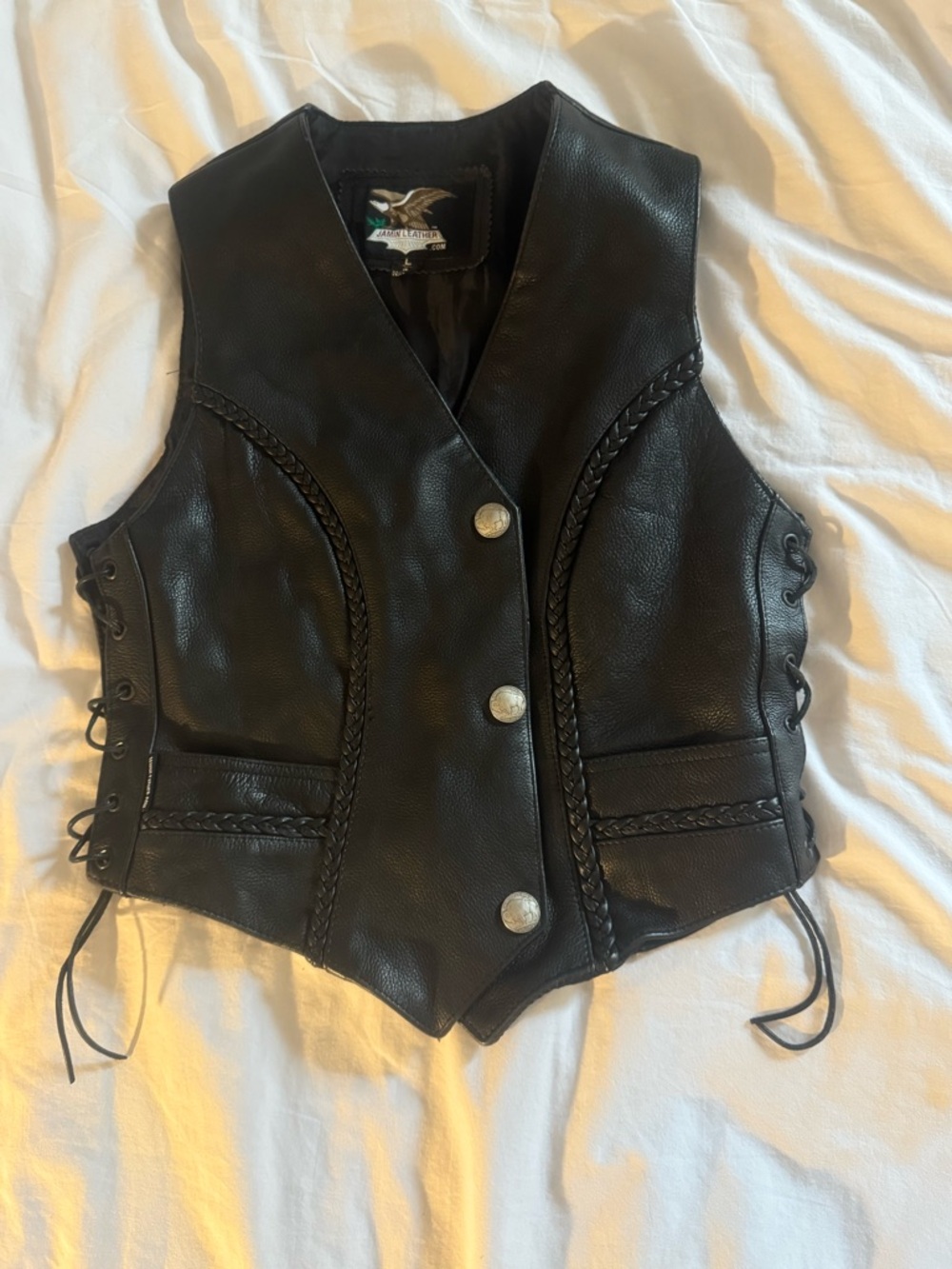 Black Leather Braided Lace-Up Vest -